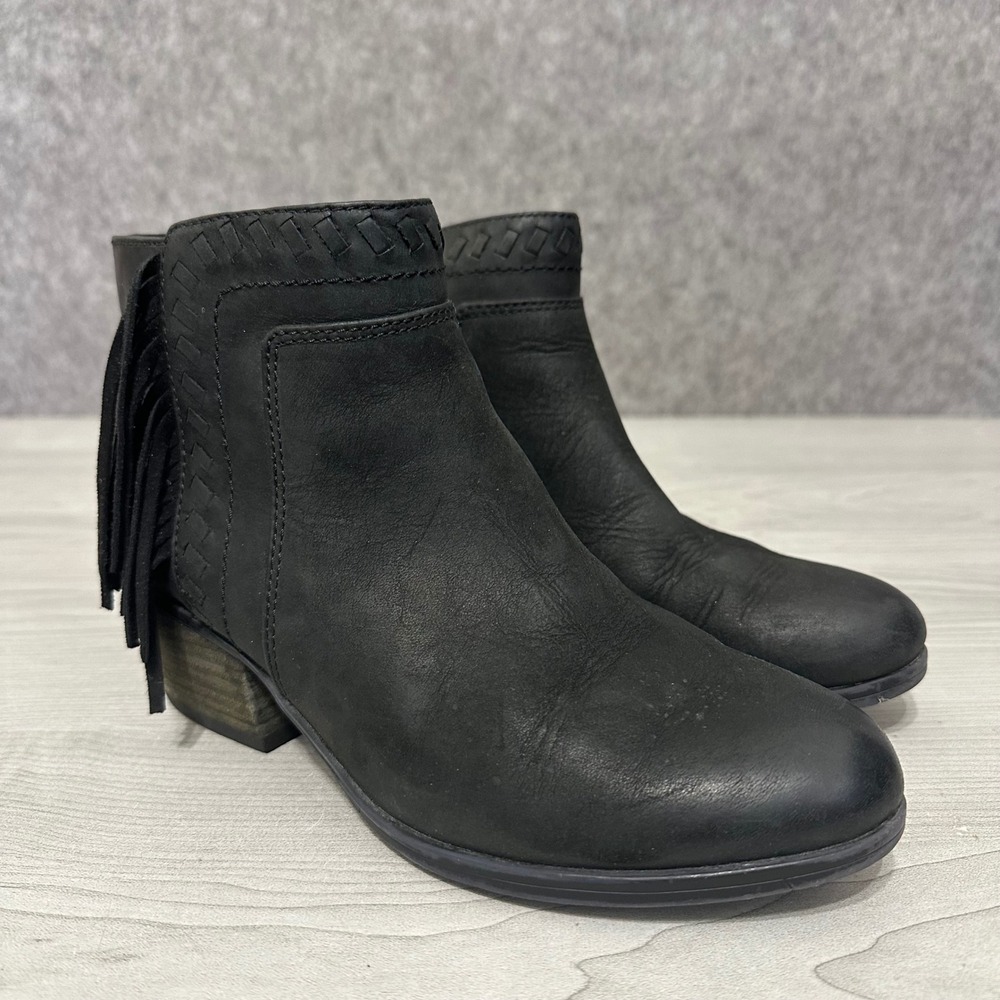 Clarks Gelata Flora Ankle Boots Womens 6.5 Black Leather Fringe Woven Detail Zip